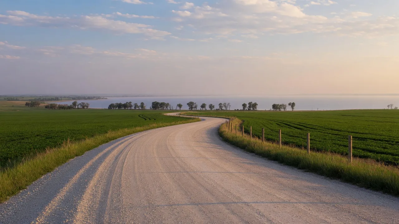 A gravel country road curving through green fields toward a lake