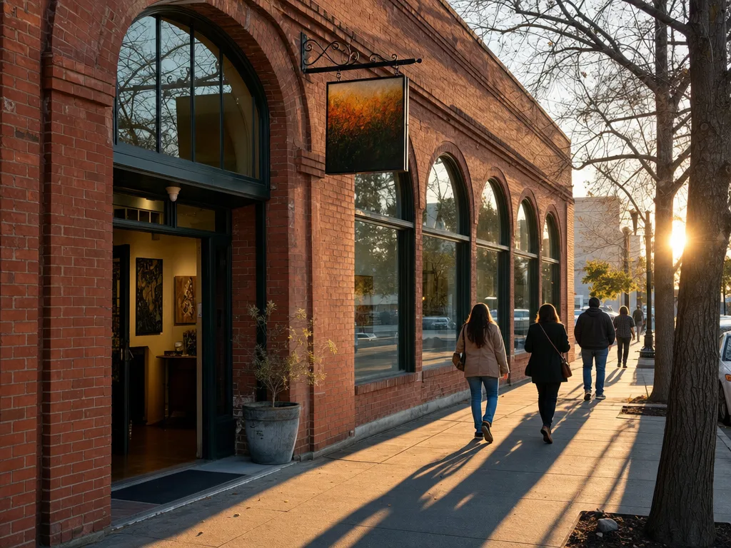 The Merced Multicultural Arts Center at 645 West Main Street in downtown Merced, a historic brick building with large arched windows, warm afternoon light, and pedestrians on the sidewalk