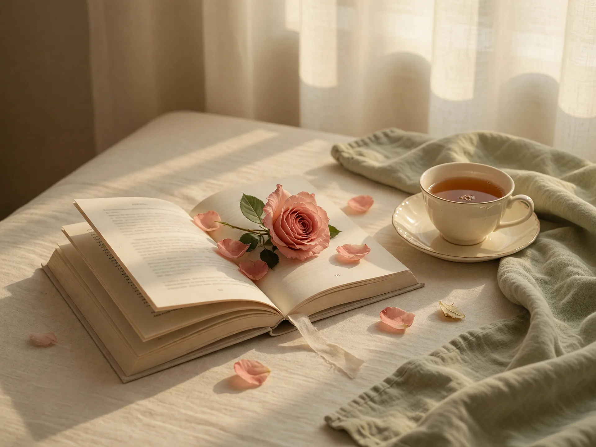 Open book with a pressed blush rose and a cup of tea on a cream saucer beside a folded sage blanket