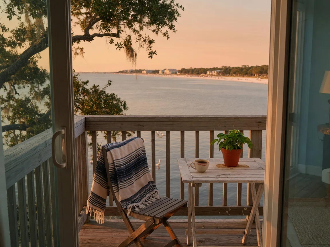 A cozy condo balcony with a wooden bistro table, coffee, and a folded blanket, overlooking the Mississippi Sound at golden hour with live oaks in view
