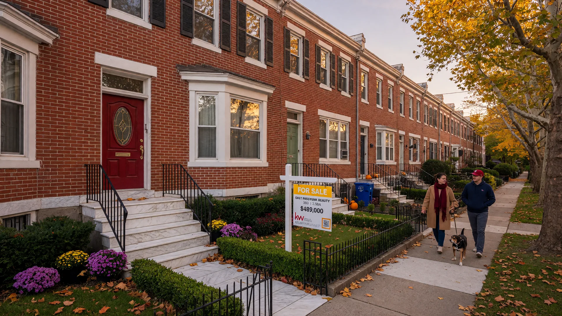 Classic Philadelphia brick rowhome in East Passyunk with marble steps, bay windows, and a For Sale sign on a tree-lined street in autumn