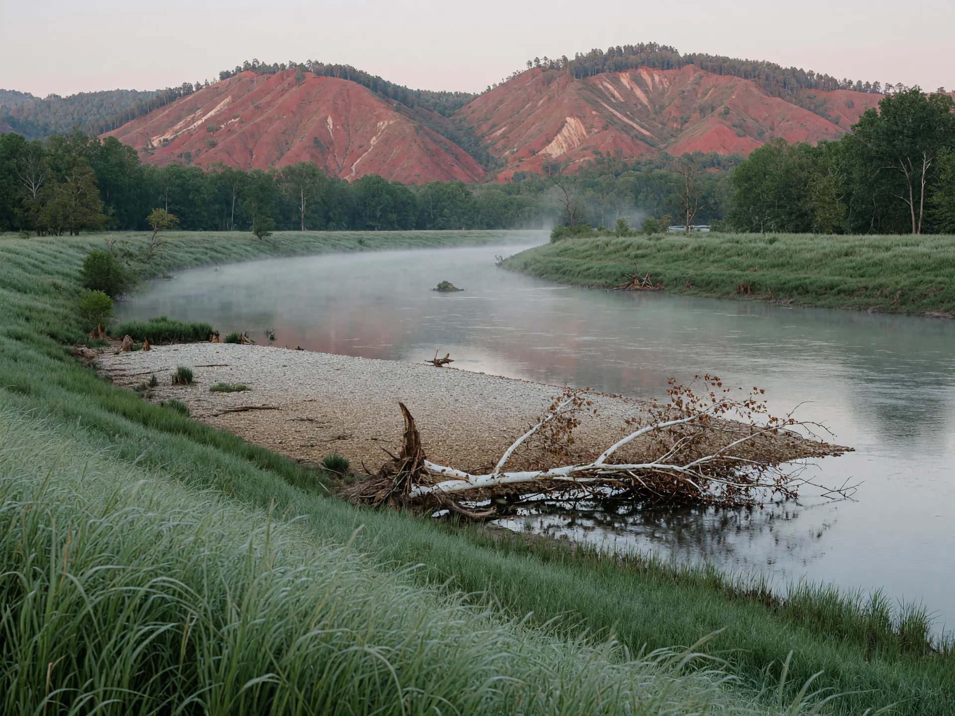 A quiet bend of the Savannah River curving through green bottomland with morning mist rising, a gravel bar, and distant red-clay hills