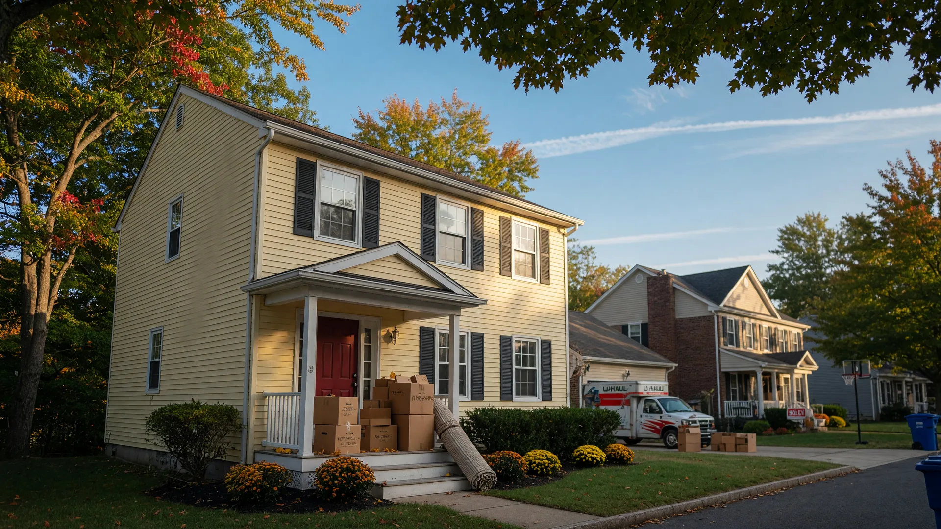 A bright editorial photograph of a well-kept South Jersey suburban home on a crisp autumn morning with moving boxes on the front porch, suggesting a family moving from one home to another