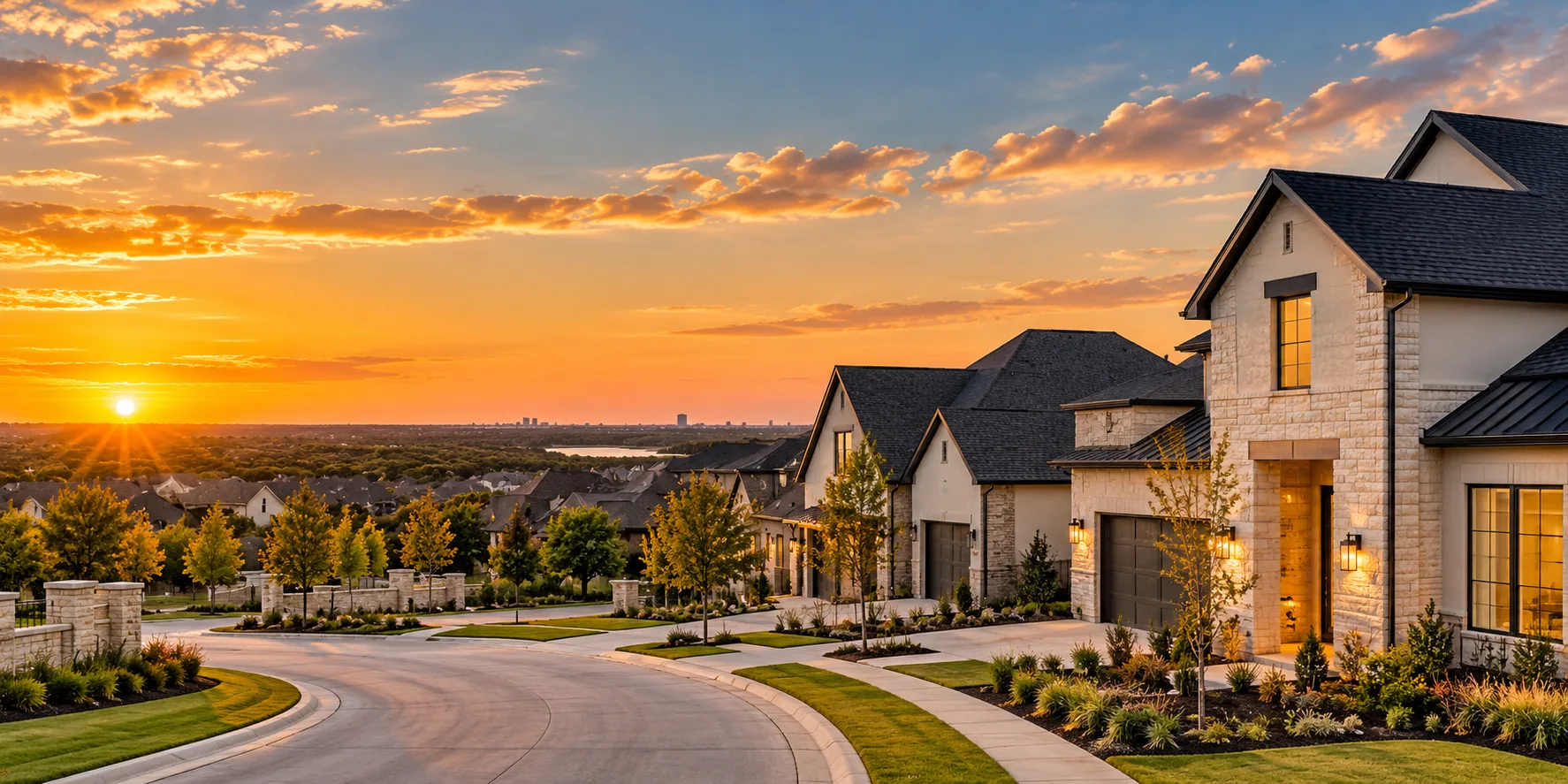 Modern new-construction homes at golden hour in North Texas