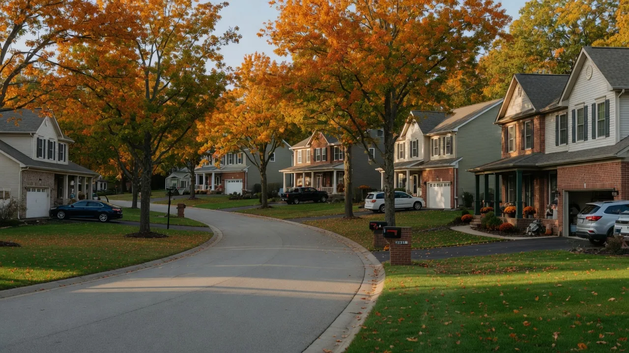 A curving, tree-lined suburban street in Mason, Ohio in mid-October with newer two-story craftsman and brick-trimmed colonial homes, maples and oaks turning orange and gold in warm late-afternoon light