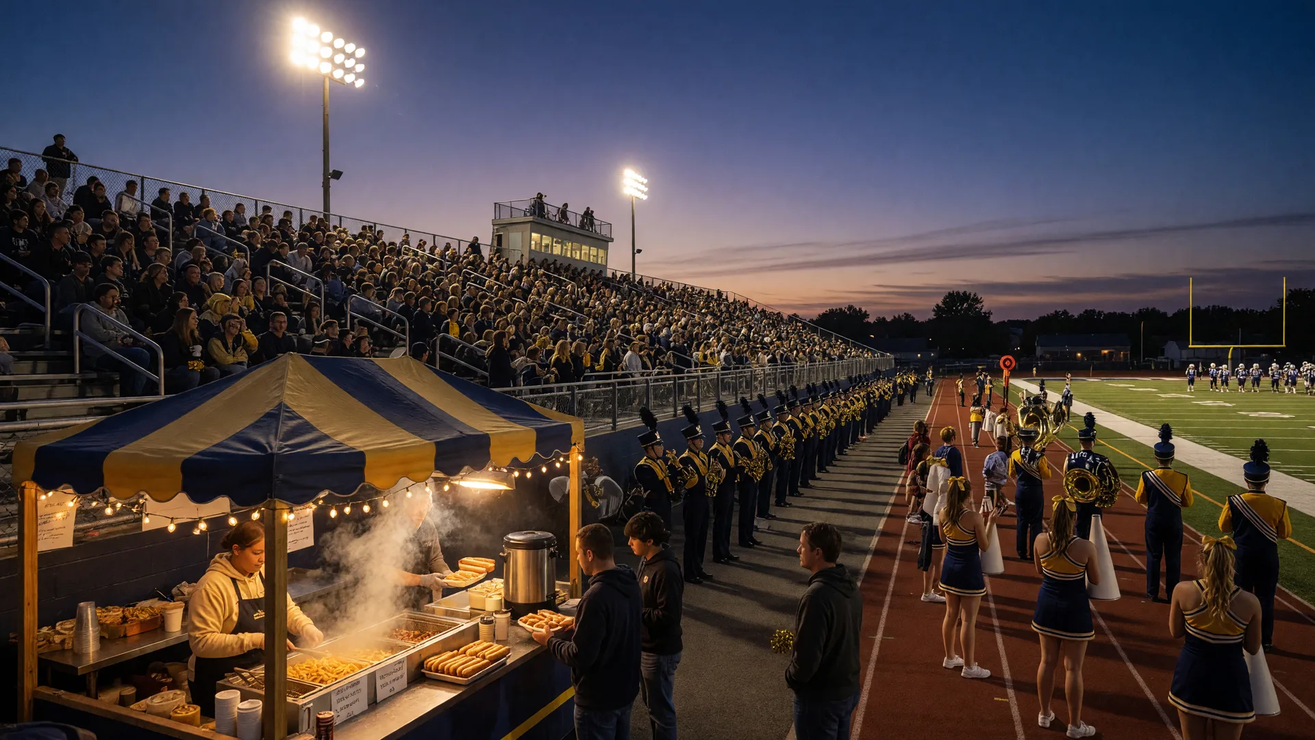 A rural Clinton County Ohio high school football stadium on a crisp September evening with warm stadium lights glowing against a deep blue dusk sky, packed navy-and-gold bleachers, the marching band, cheerleaders, and a string-light-lit concession stand