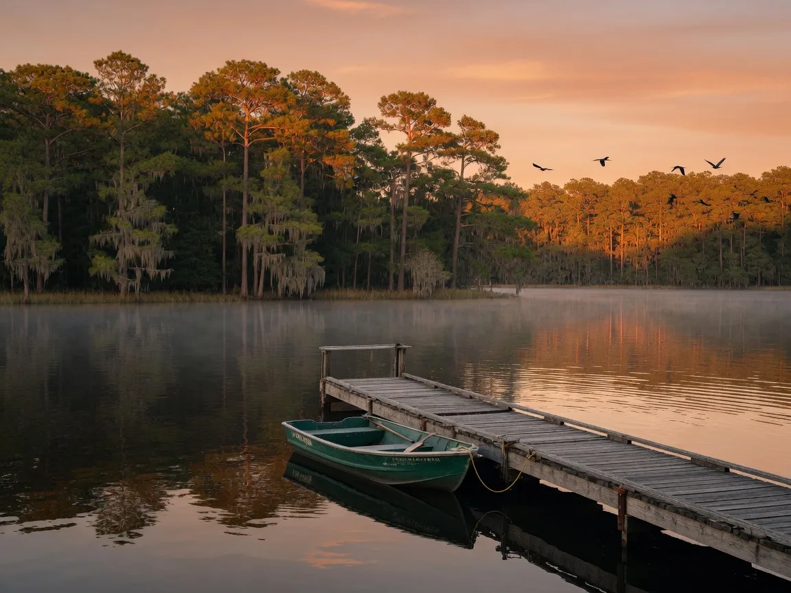 A wooden dock reaching over calm lake water at golden hour with pines and cypress on the far shore, the kind of Lake Moultrie waterfront living Moncks Corner offers Berkeley County buyers
