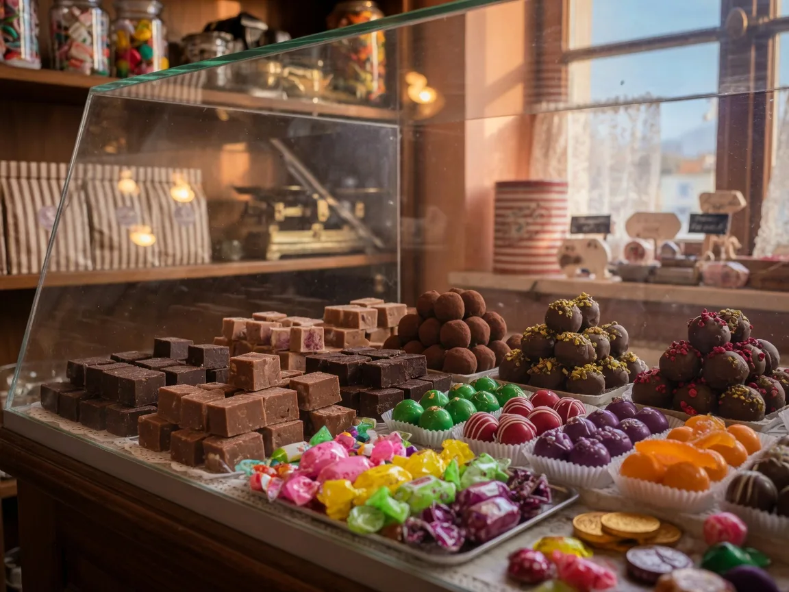 Glass display case of handmade fudge, chocolate truffles, and colorful candies at The Candy Lady in Old Town Albuquerque