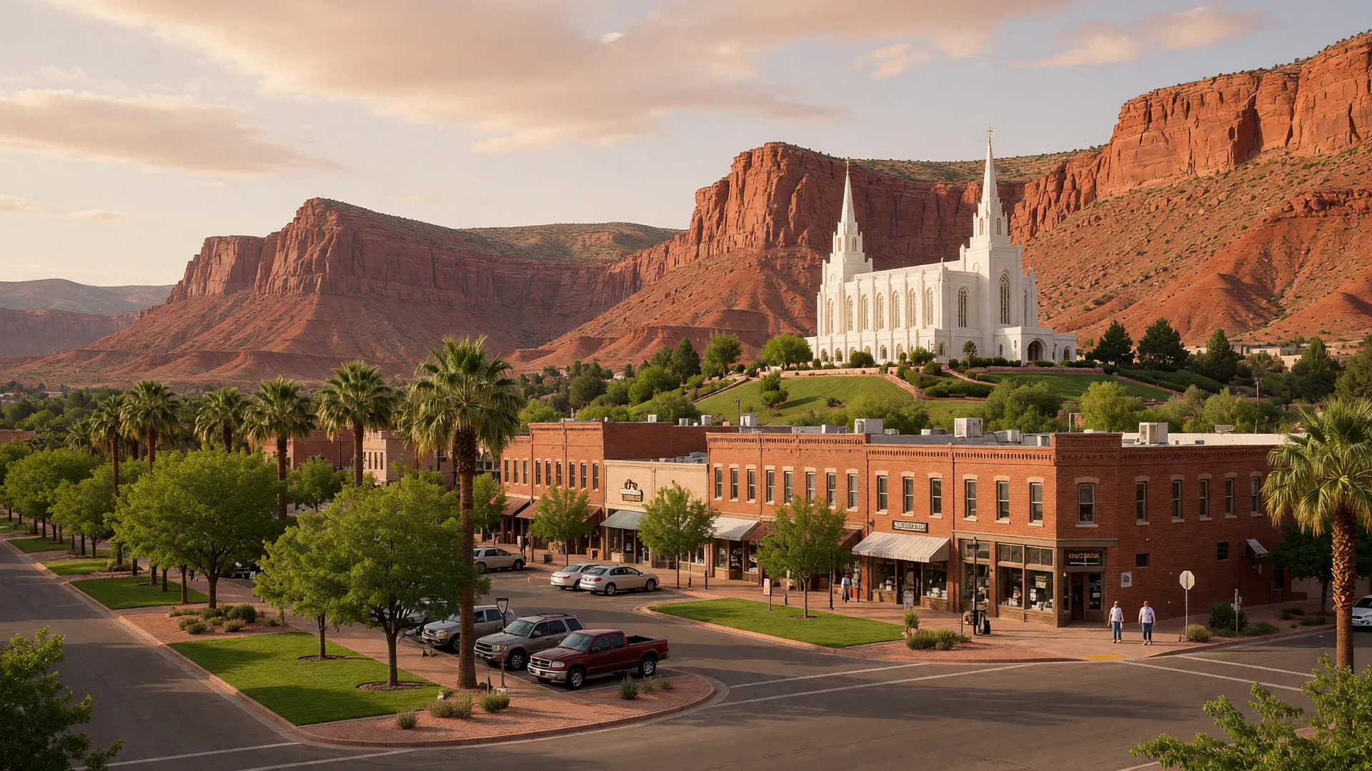 AI-rendered concept image of downtown St. George with red brick storefronts and the red sandstones cliffs beyond