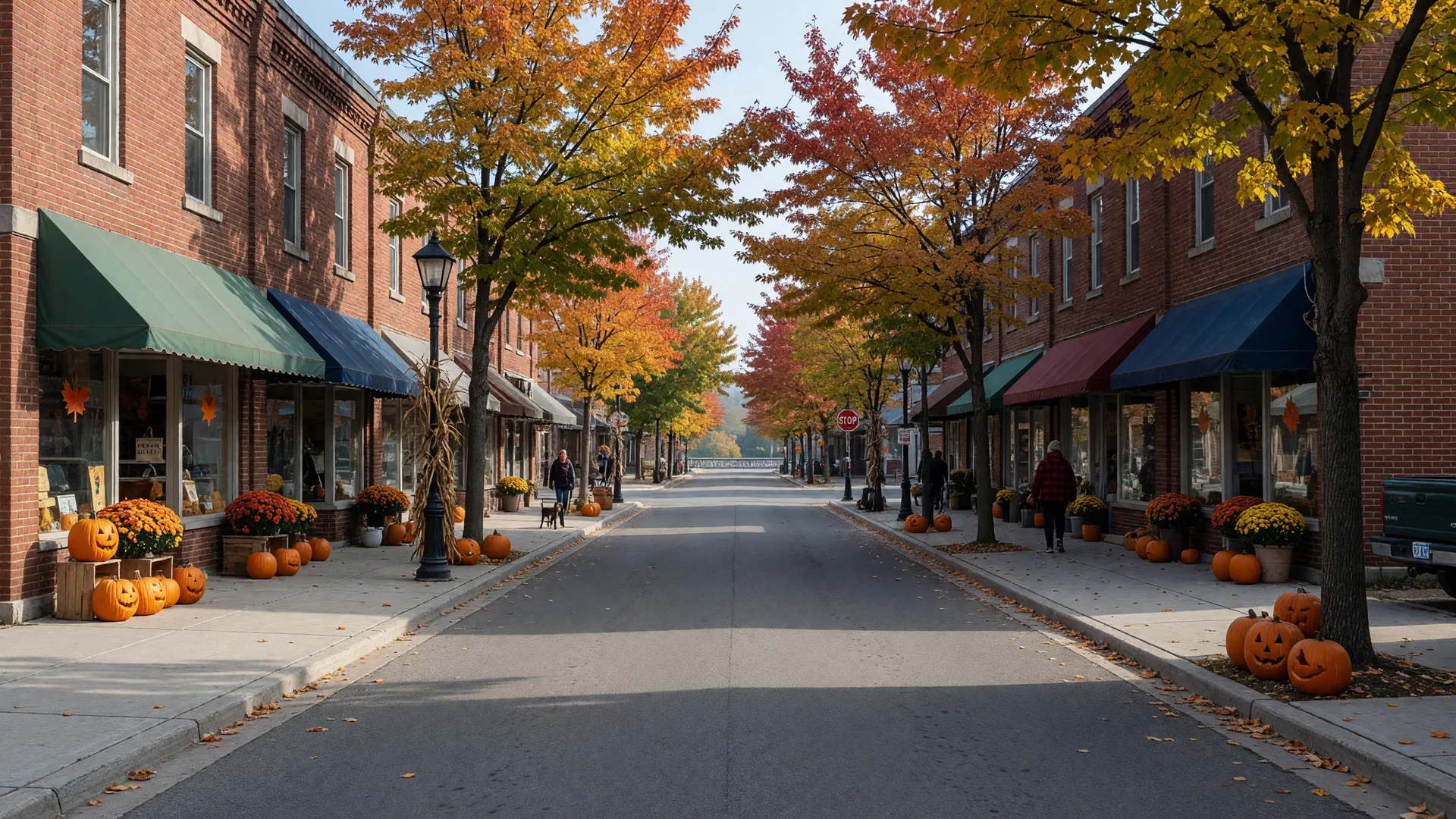 Main street of a small Ontario river town on a crisp mid-October Saturday morning with heritage shopfronts, carved pumpkins and mums, and maples in late-season gold and orange