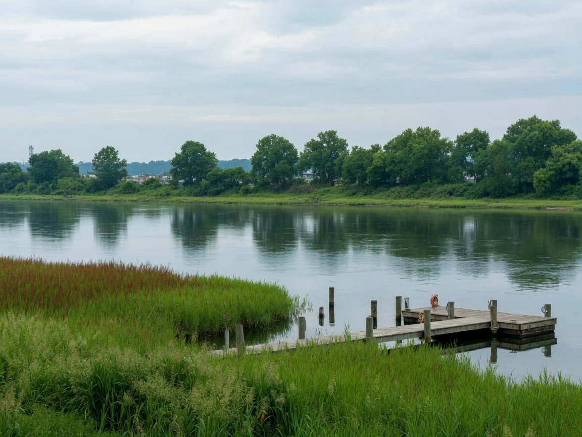 Delaware River waterfront near Logan Township, with marsh grasses and a small dock