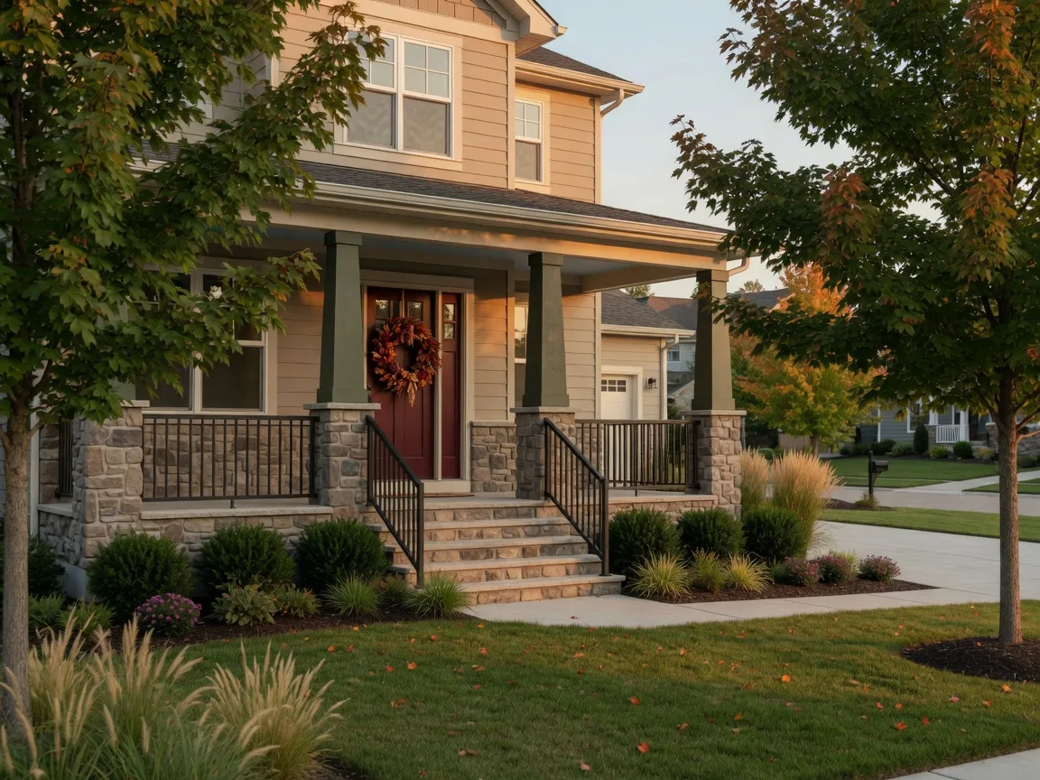 A newly built craftsman-style home in a Michigan subdivision with early fall color in late September