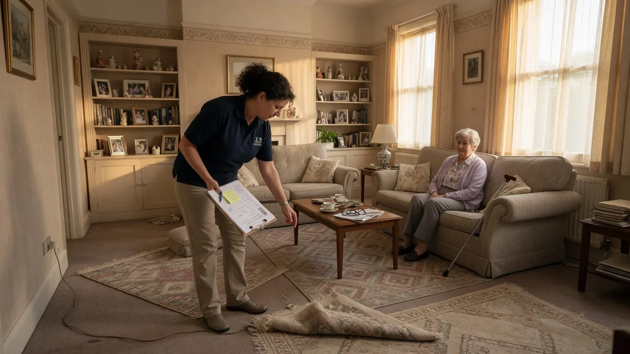 A professional home safety assessor in a bright Victoria living room examining fall hazards while an elderly homeowner sits nearby, warm afternoon light