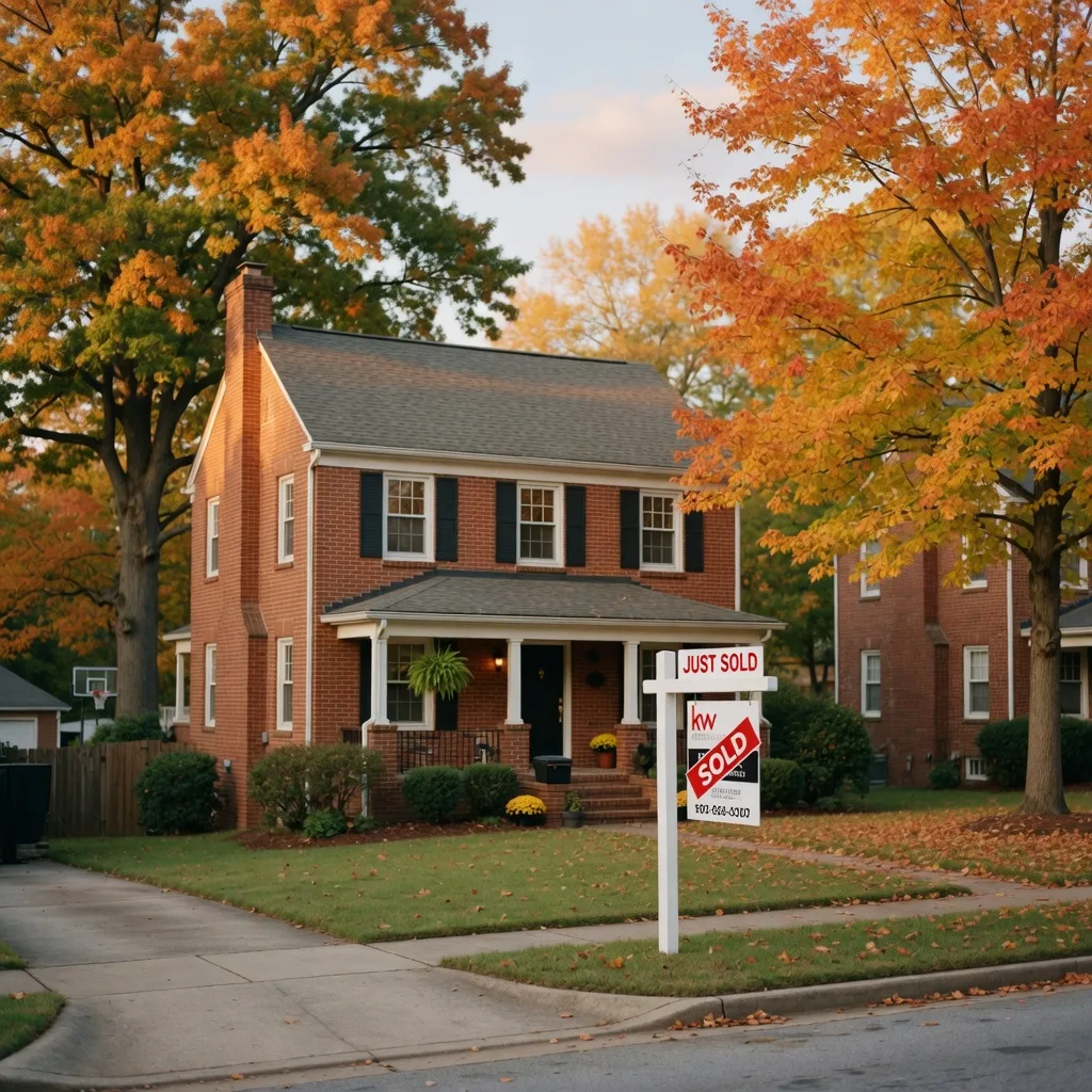 Home with Sold sign in NW Metro Atlanta with autumn leaves