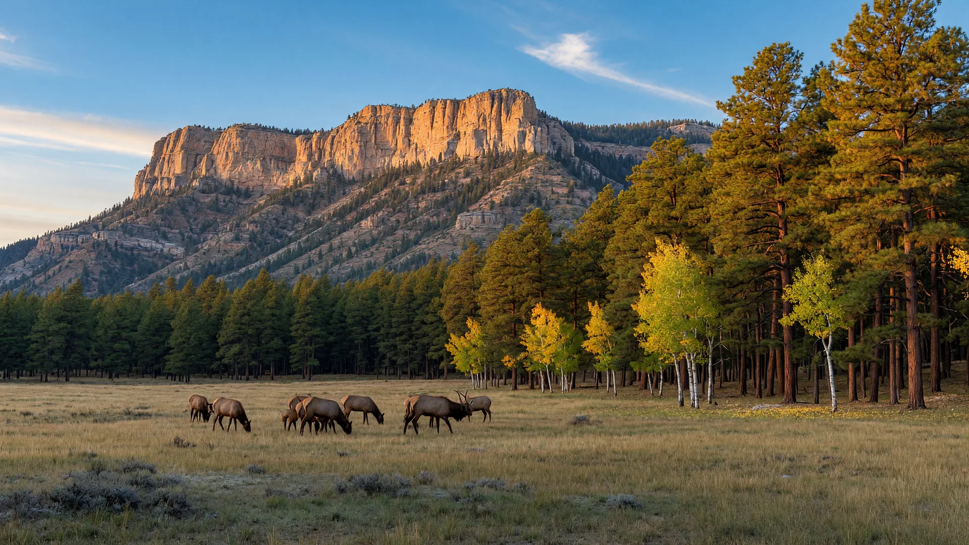 Golden hour in a fall meadow on the Mogollon Rim with elk grazing beside Ponderosa pines and turning aspens