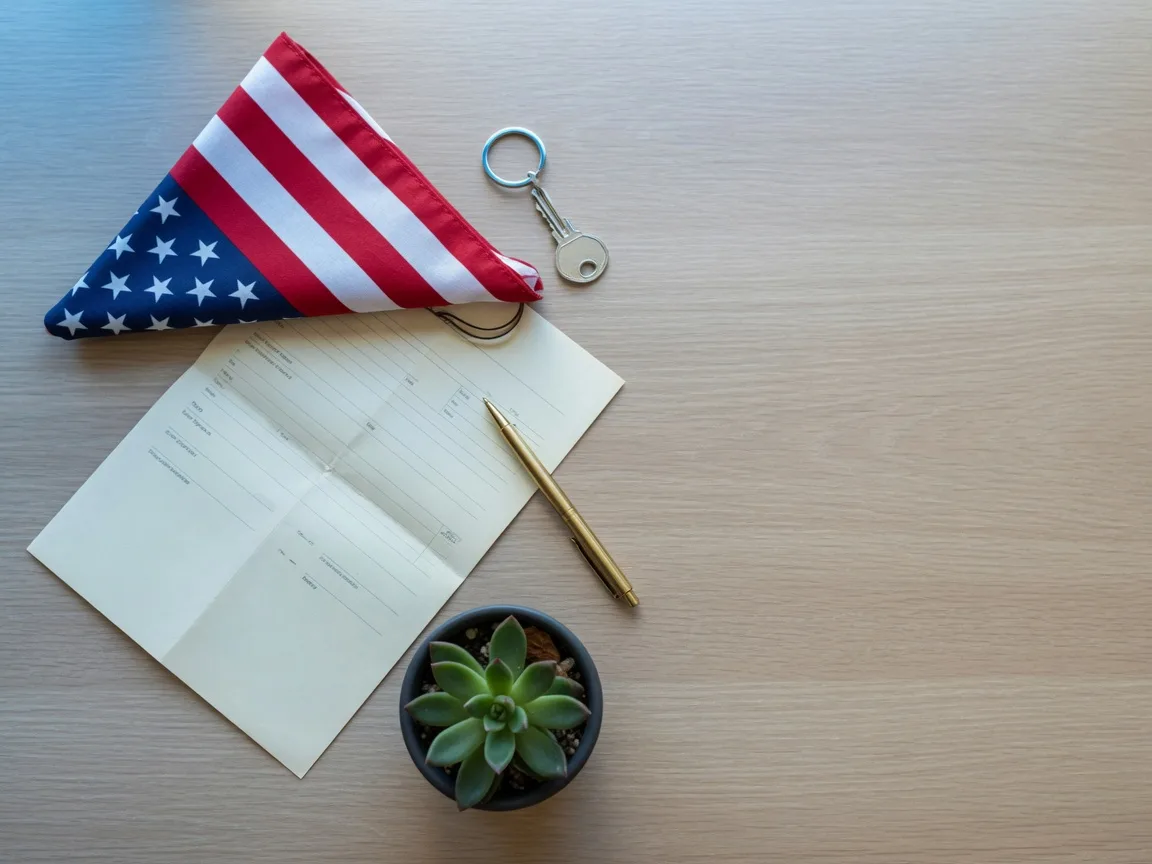 Flat-lay of a folded American flag, silver house key, purchase contract, and brass pen on a light oak table, representing the decision to buy a home during election season