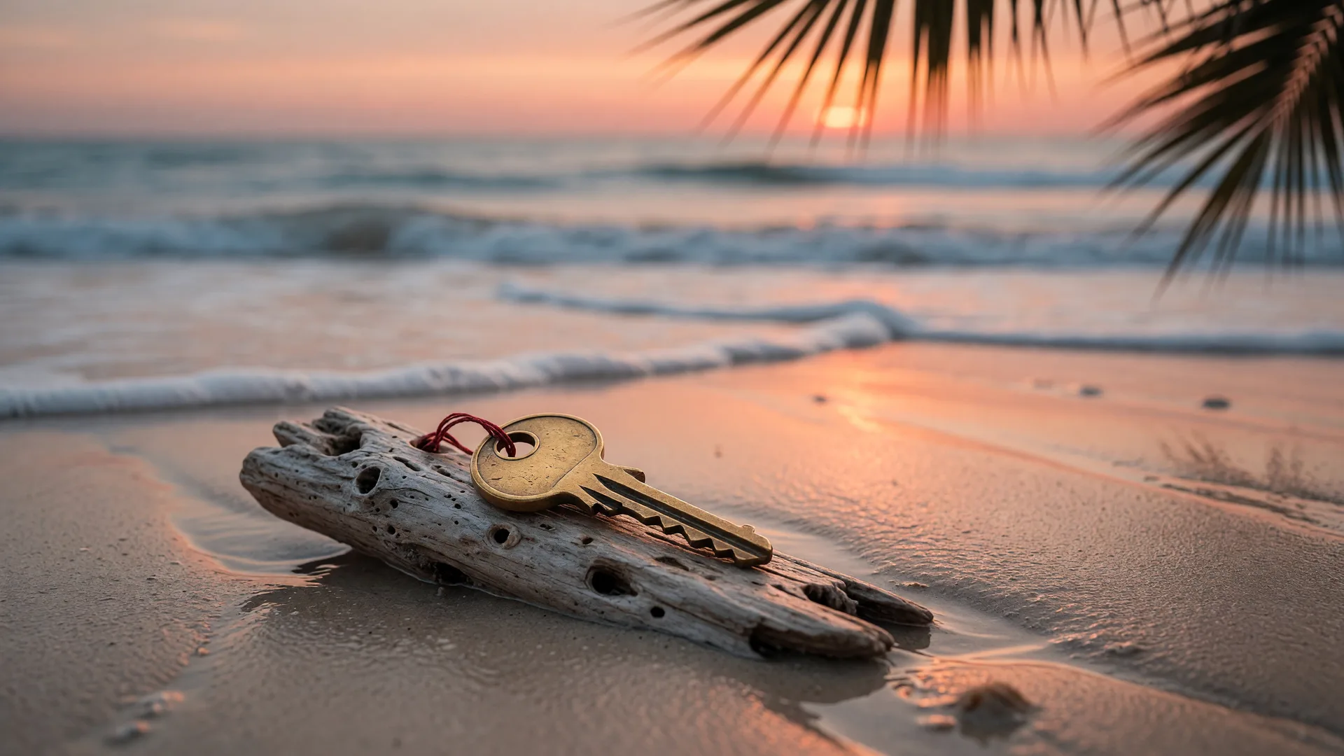 A single brass house key resting on weathered driftwood on a quiet Gulf Coast beach at sunrise, golden light over rippled sand, evoking the mood of closing one chapter and moving forward