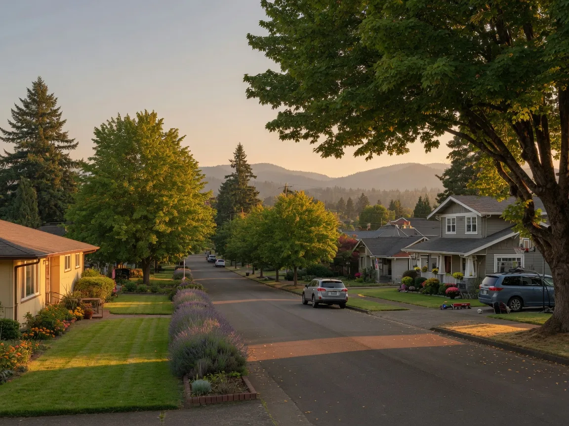 A leafy Beaverton residential street with mature maples and well-kept family homes in warm afternoon light