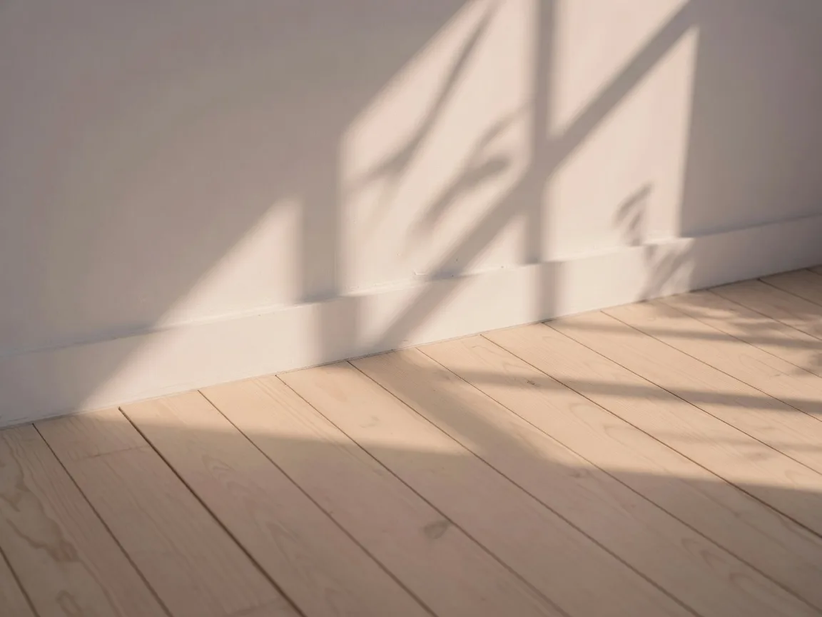 Soft morning light and shadow across a calm neutral interior wall and wood floor