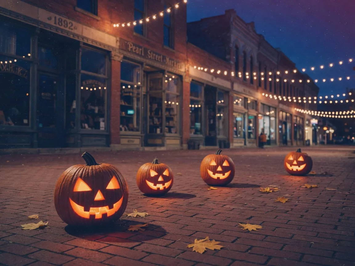 Glowing carved jack-o'-lanterns on the brick pavement of Pearl Street Mall late at night, warm pumpkin light against blue shadows and overhead string lights