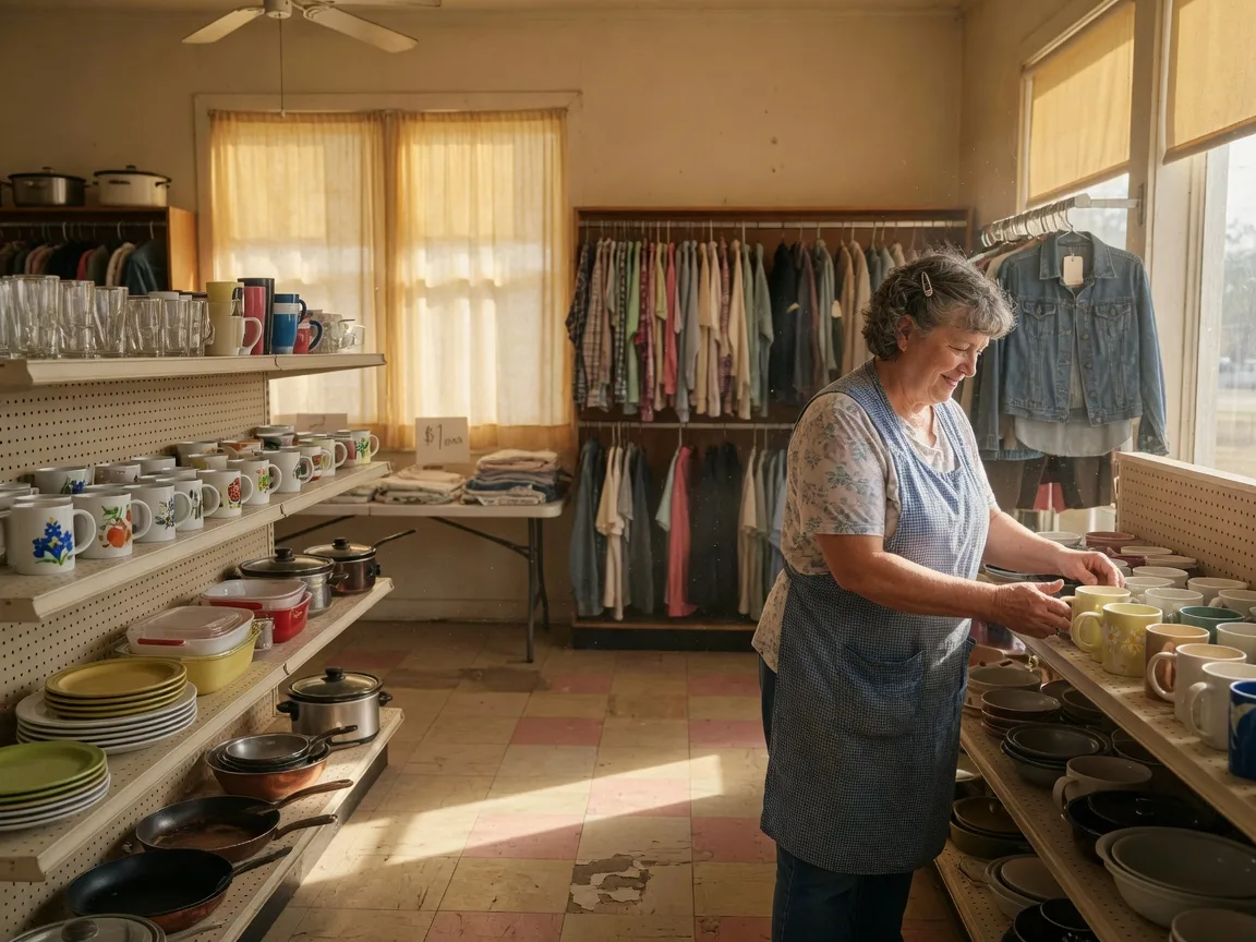 The neatly organized interior of a small-town Texas charity thrift store with shelves of housewares and secondhand clothing.
