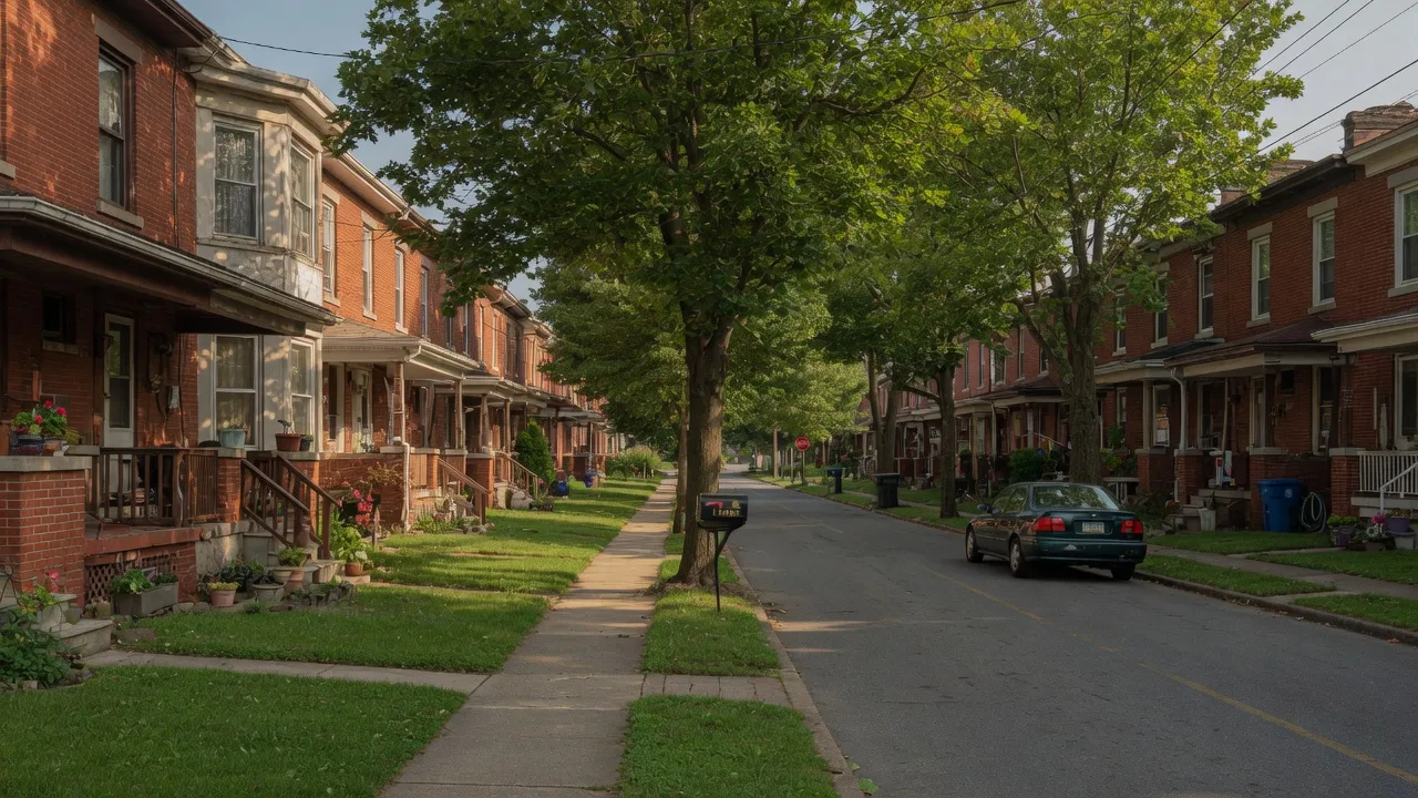 Tree-lined street in Crum Lynne, Pennsylvania with brick twin homes and mature shade trees on a warm summer afternoon