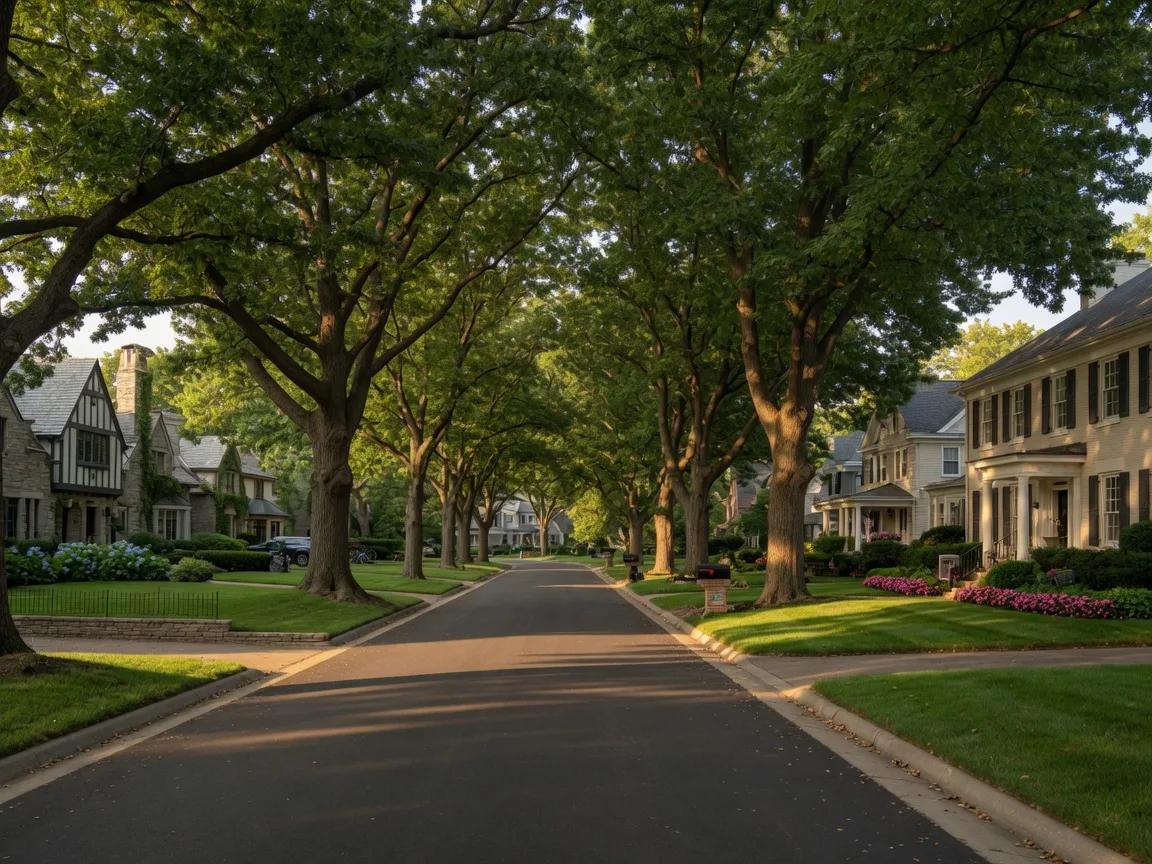 Peaceful tree-lined street in an established upscale Johnson County neighborhood with stately homes and golden afternoon light
