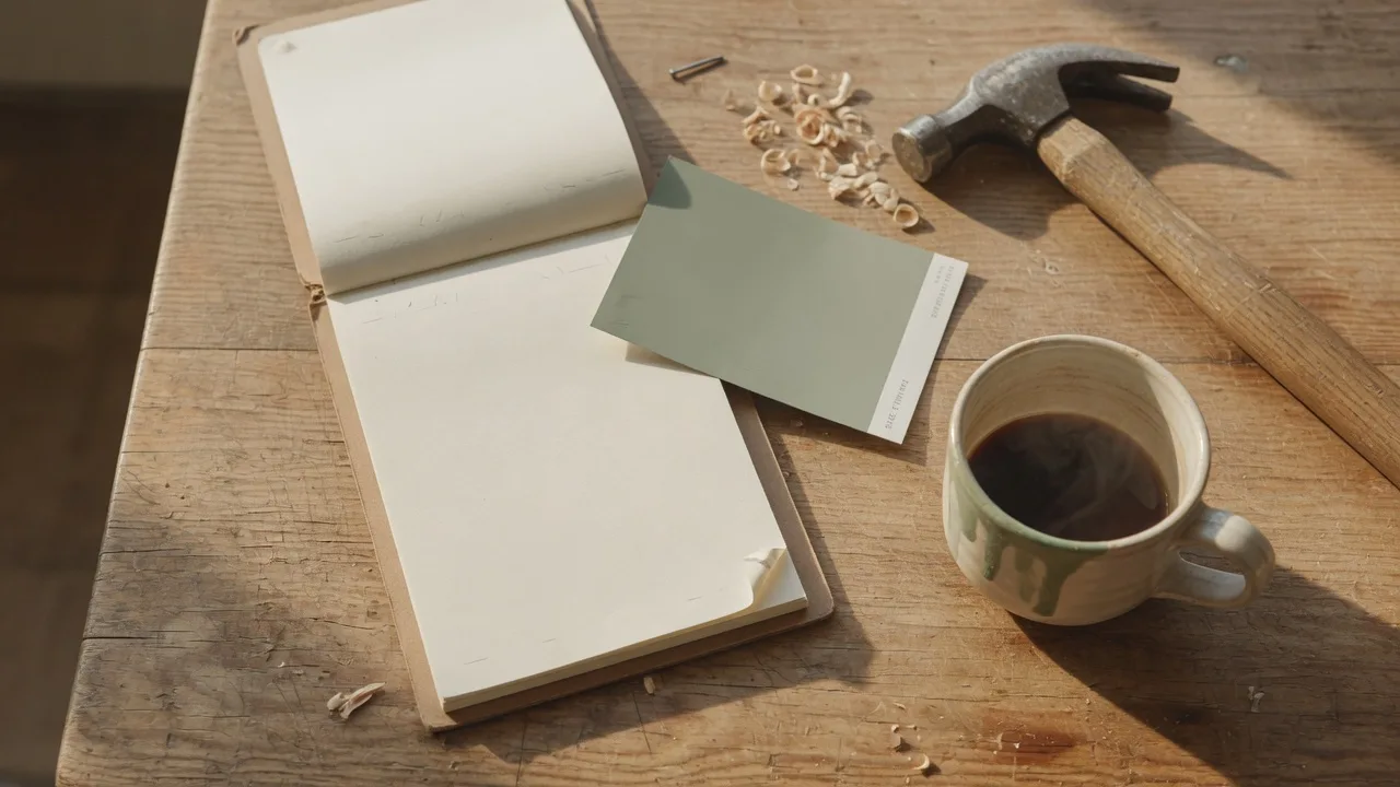A homeowner's checklist with paint swatch and hammer on a wooden table — deciding what to fix before selling