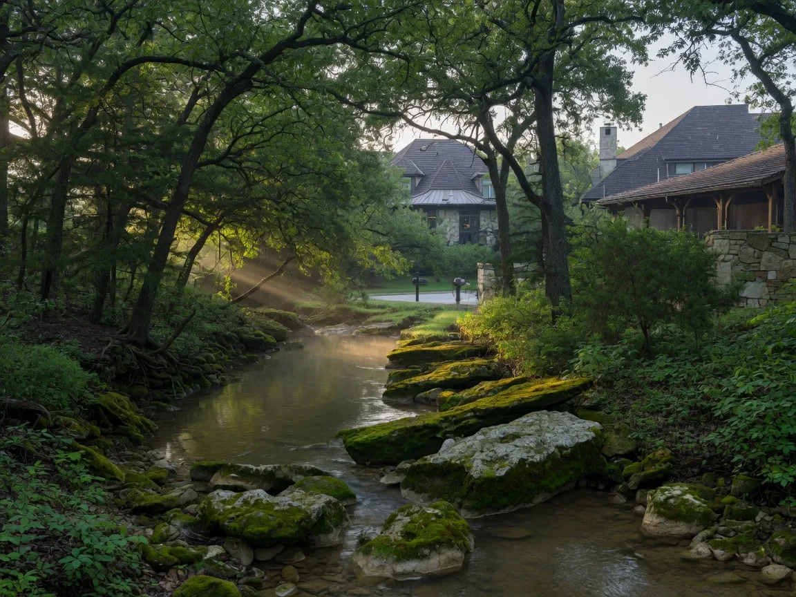 Creek running through the forested setting of Lake Forest in Round Rock Texas