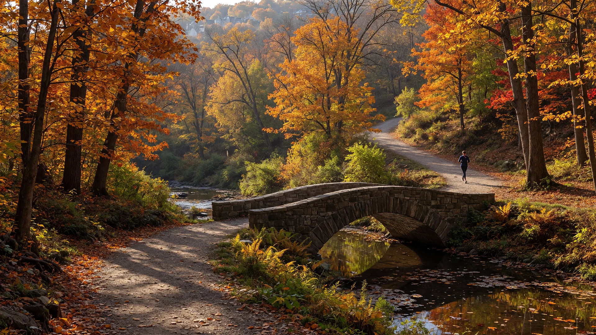 Schuylkill River Trail with autumn foliage and stone bridge near Philadelphia