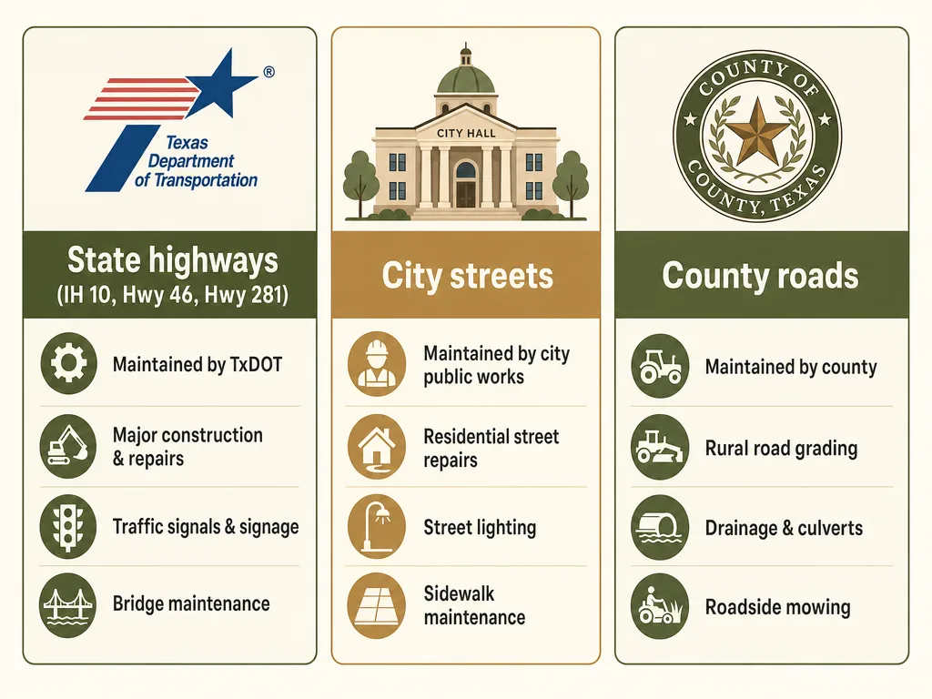 Comparison chart showing who maintains state highways, city streets, and county roads in the Texas Hill Country