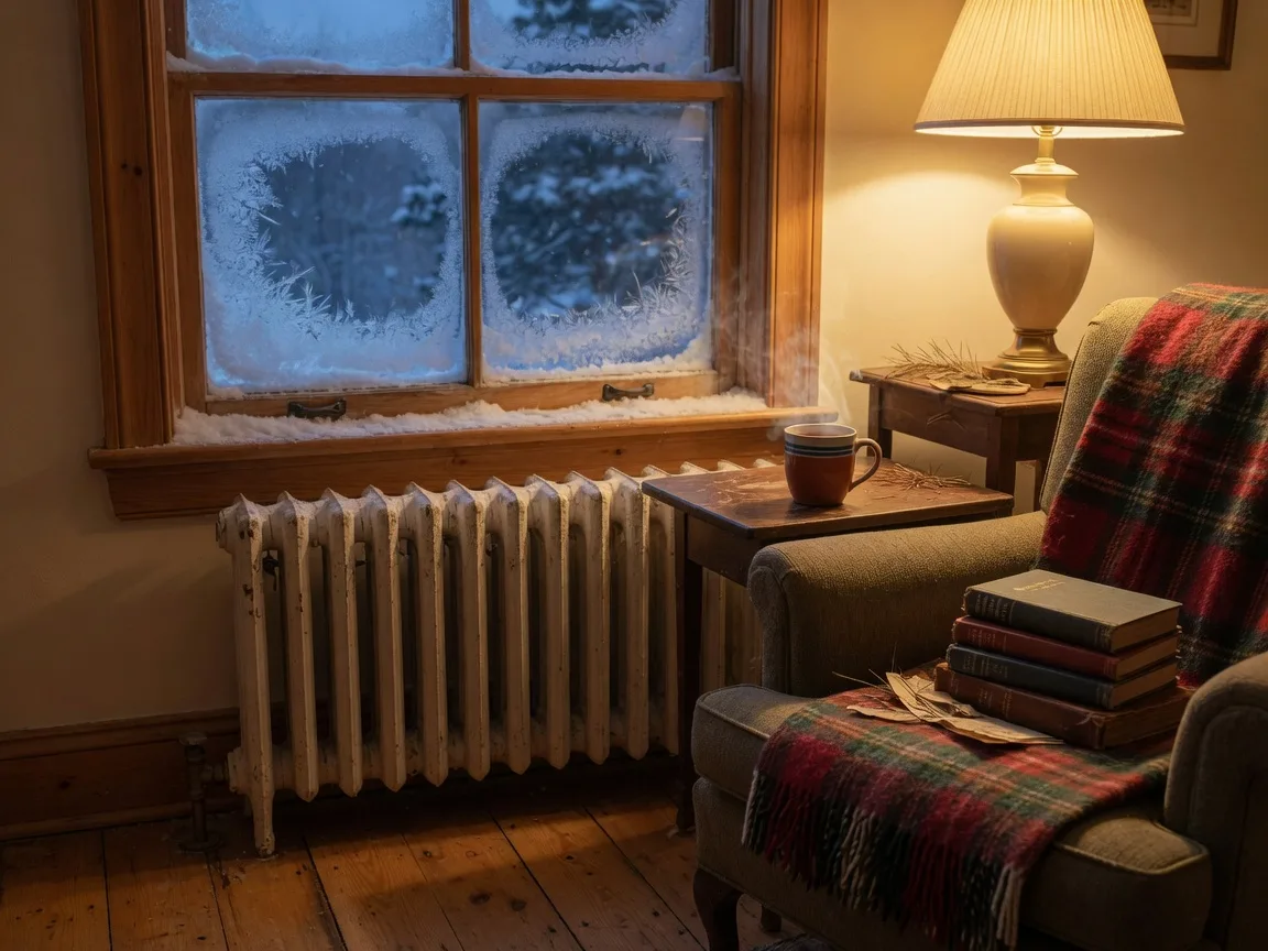 A cozy New England living room in winter, a cast-iron steam radiator beneath a frosty sash window, warm lamplight, and snow visible on the glass