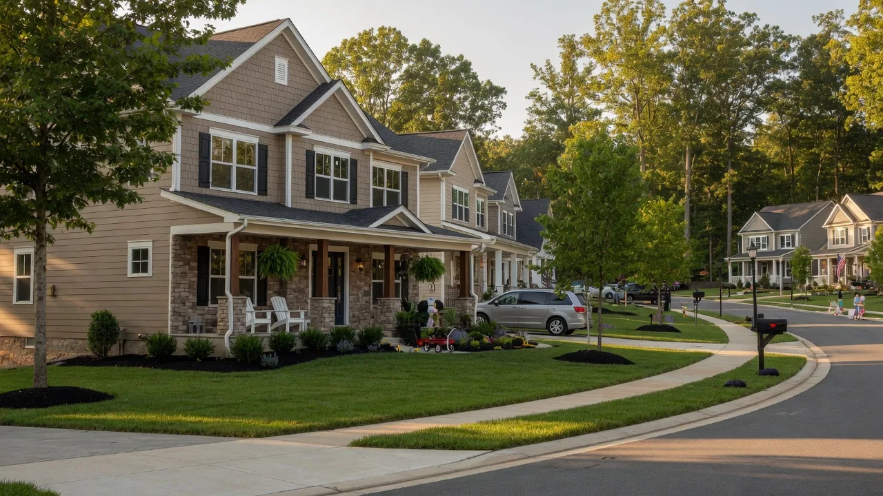 A craftsman-style new construction home in a peaceful D.R. Horton community in Northern Virginia on a warm late summer afternoon