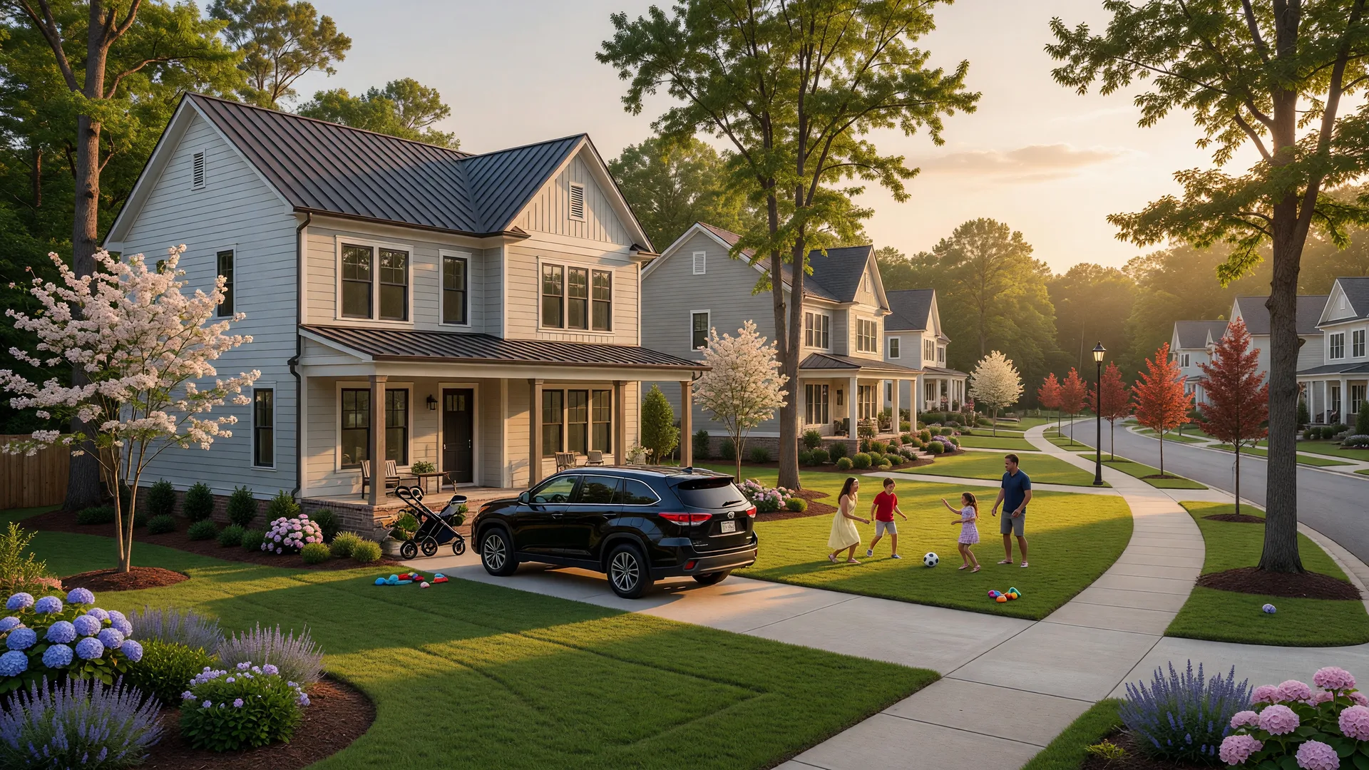 modern family home in an Atlanta suburb at golden hour