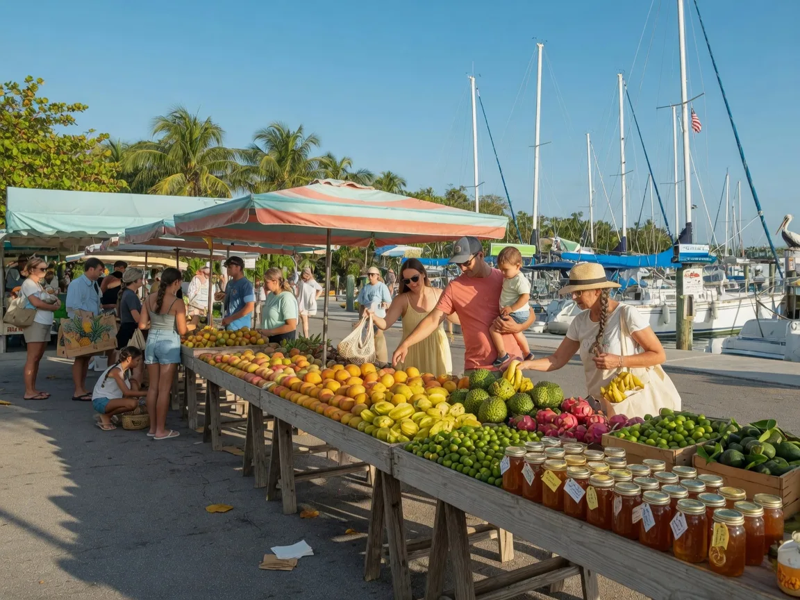 Key Largo farmers market on a sunny Saturday morning with wooden stalls of tropical fruit and local honey, families browsing, sailboat masts visible in background