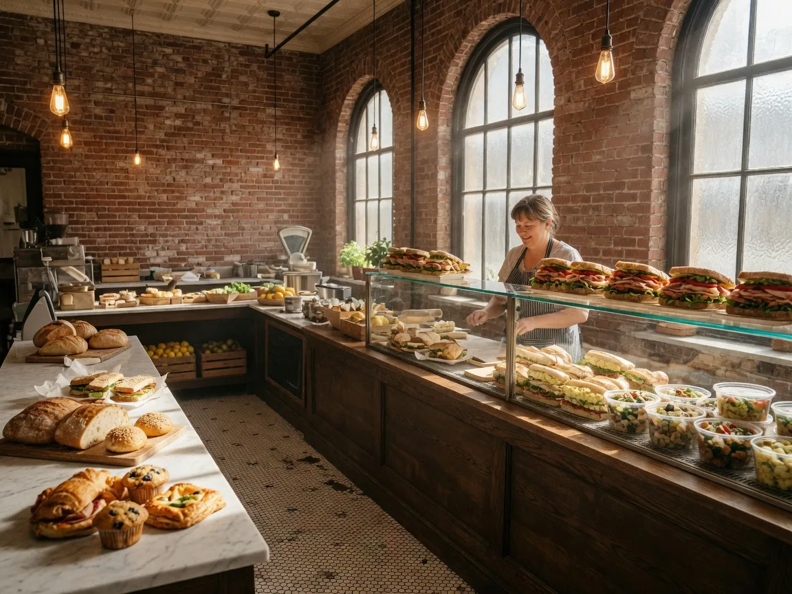 The bright interior of Main St. Deli in Buford Georgia, a family-run deli inside the restored Tannery Row building with a dark wood counter, glass display case of fresh sandwiches, and a marble bakery counter