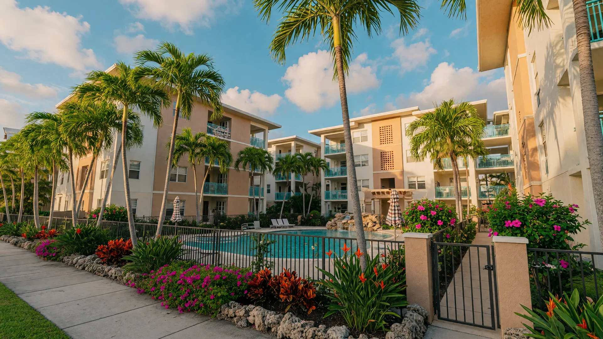 Modern apartment complex in a South Florida neighborhood with tropical landscaping and pool area