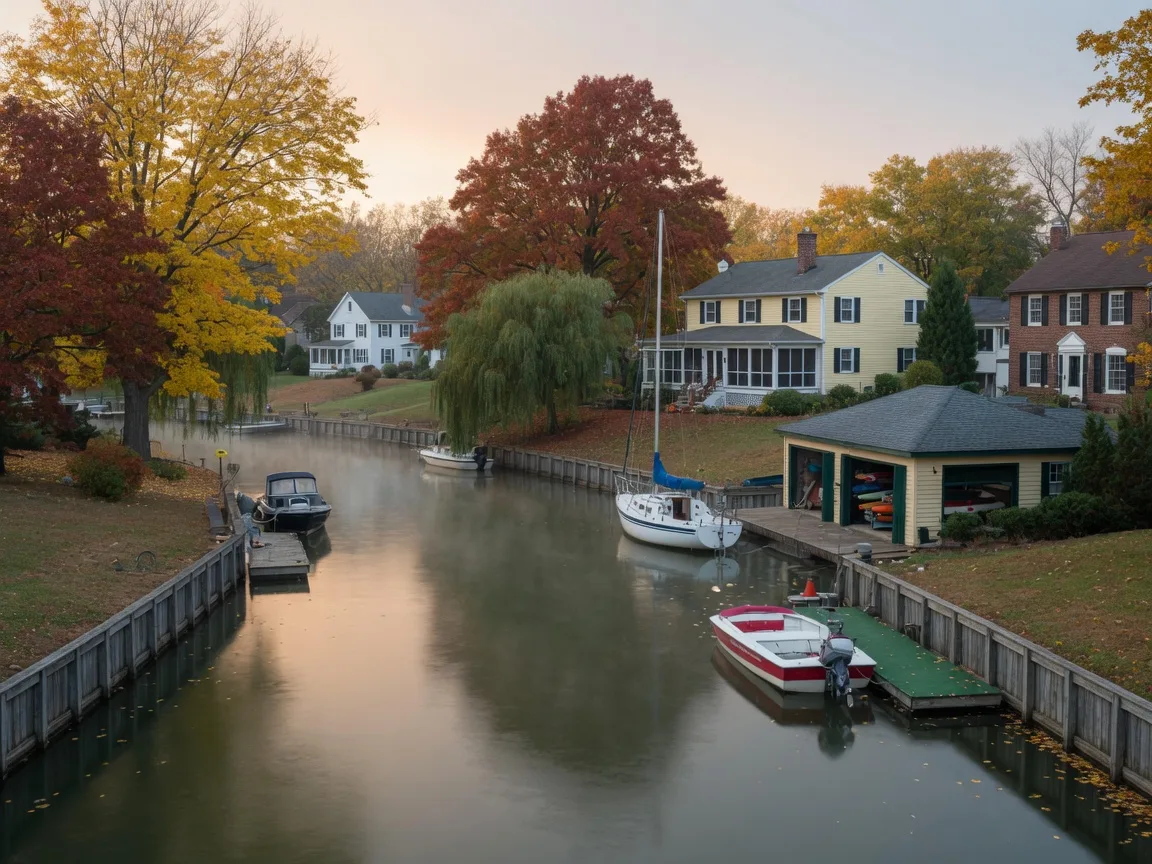 A quiet residential lagoon channel in a lakeside Ohio community near the mouth of the Rocky River on a misty late-October morning, moored boats at private docks and autumn trees overhanging the water
