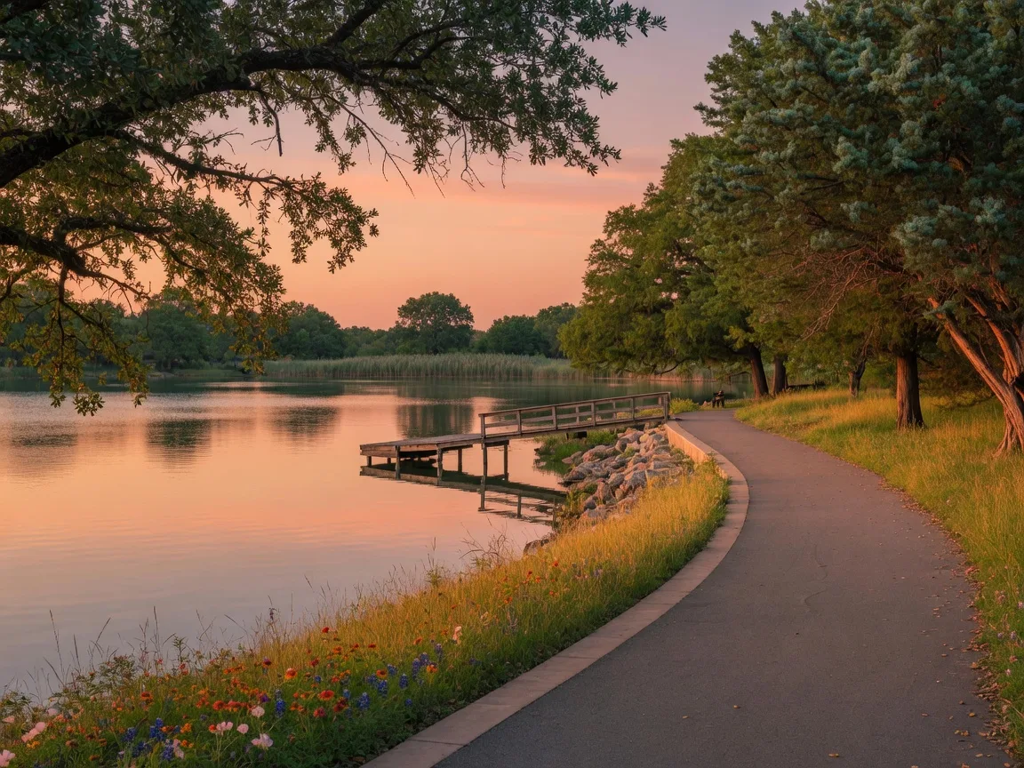 Lakeside hike-and-bike trail with a fishing pier at Brushy Creek Lake Park in Cedar Park Texas