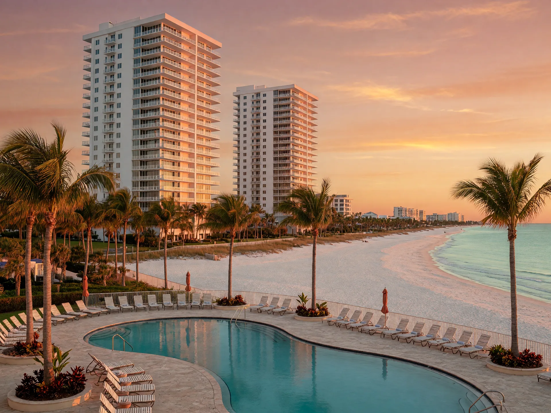 Beachfront high-rise condominium towers with a resort pool and palms at golden hour on the Gulf