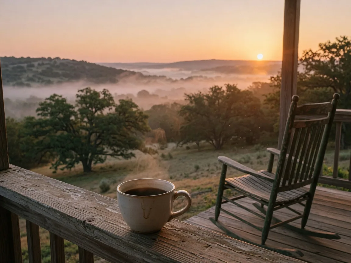 A cup of coffee on a wooden porch railing overlooking a misty Texas Hill Country valley of live oaks at sunrise, with a rocking chair nearby