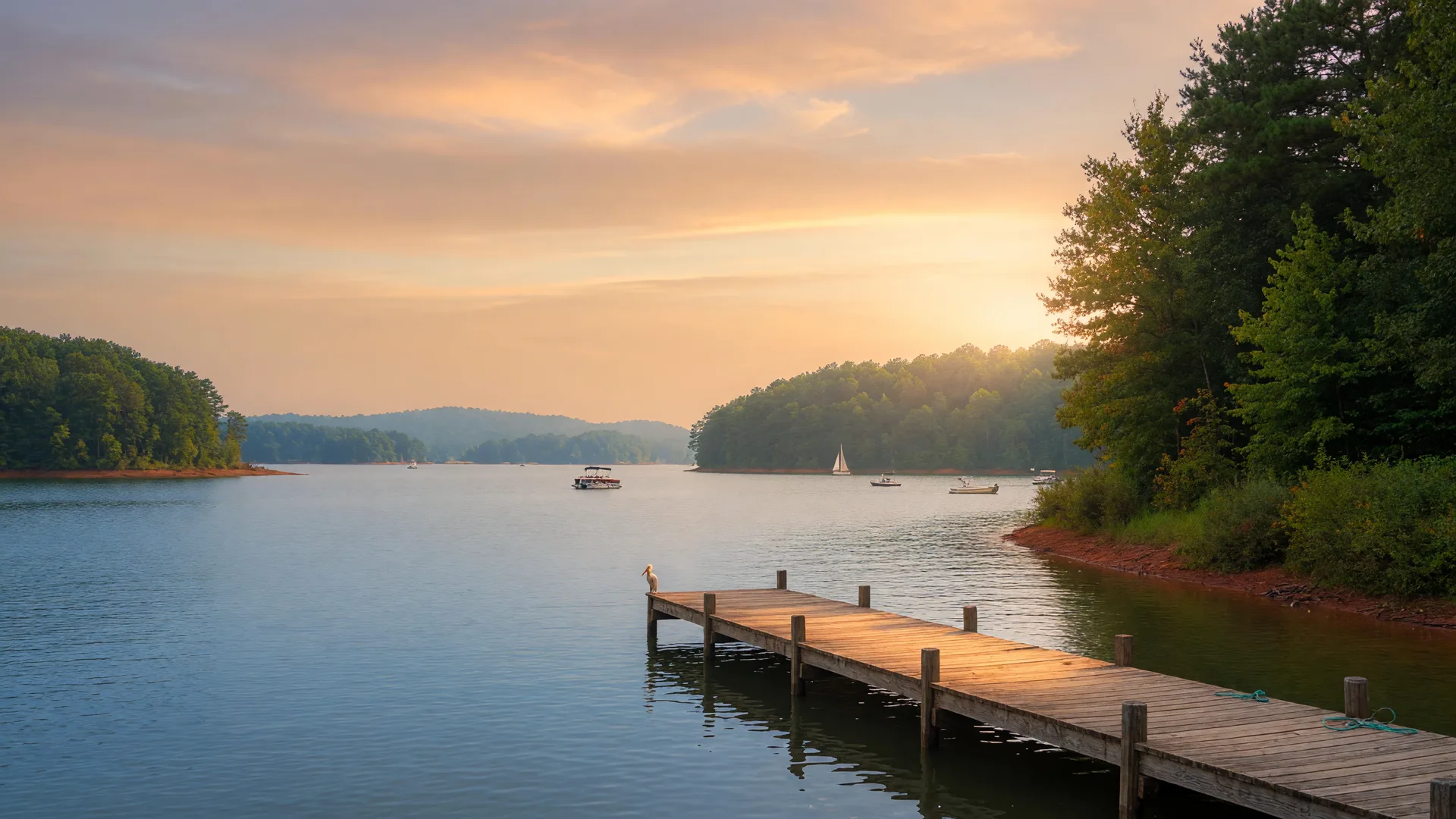 Golden hour on Lake Hartwell in late August showing a wooden dock, calm water, and soft peach and gold clouds over the forested shoreline
