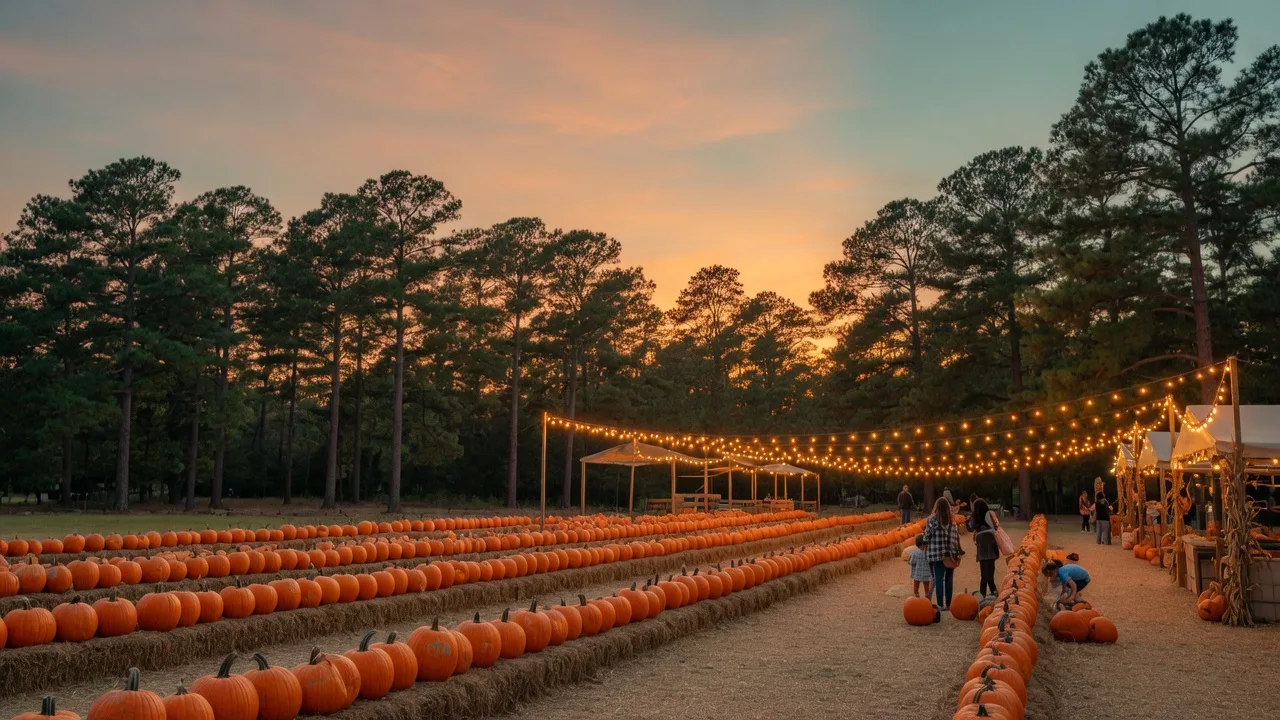 Rows of pumpkins on hay bales under warm string lights at a Texas fall festival field at dusk, ringed by mature pines