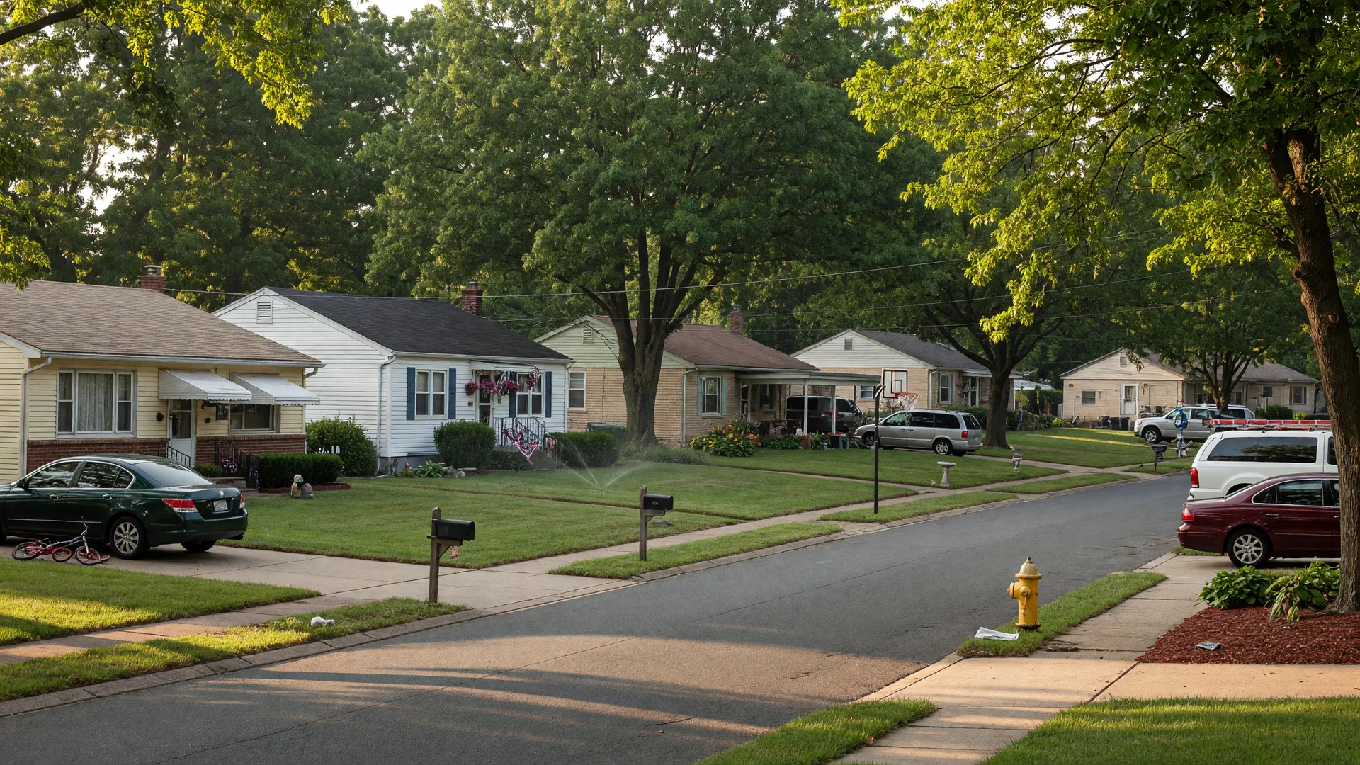 Quiet residential street in Upper Chichester Township with mid-century homes and mature shade trees on a summer morning
