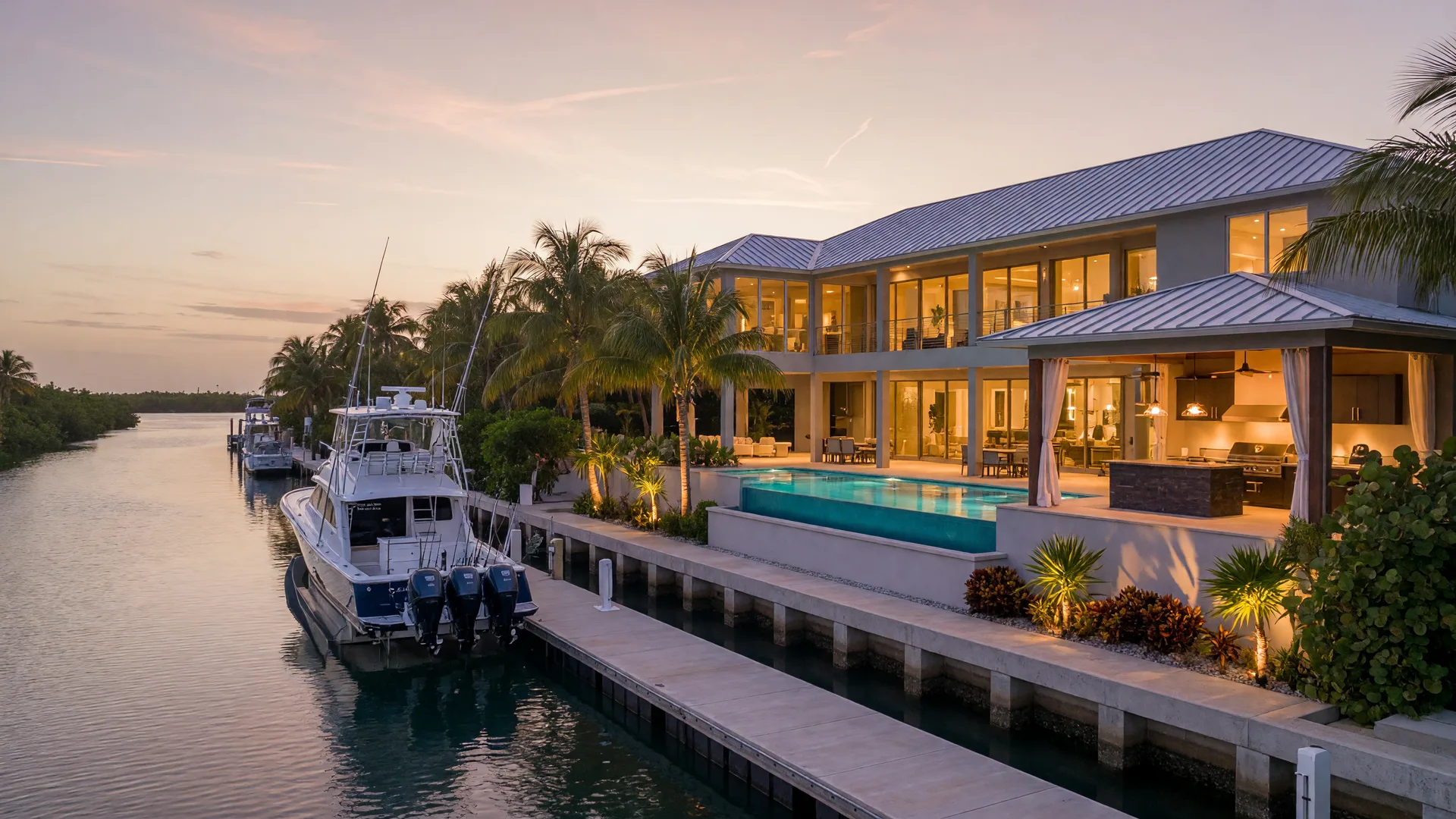 A luxury Florida Keys waterfront estate at dusk viewed from the canal, a contemporary elevated home with a standing-seam metal roof and floor-to-ceiling impact glass glowing warm amber, an outdoor entertaining terrace with an infinity-edge pool and an outdoor kitchen, a long private concrete dock with a boat lift holding a sportfishing yacht, a deep-water canal reflecting a champagne and lavender sky