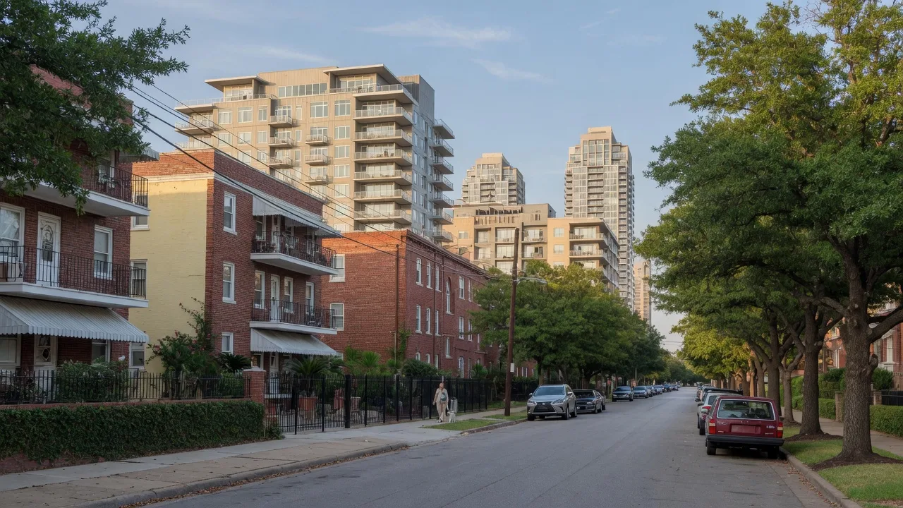 Tree-lined streets in Oak Lawn, Dallas with mid-rise and high-rise buildings in the distance