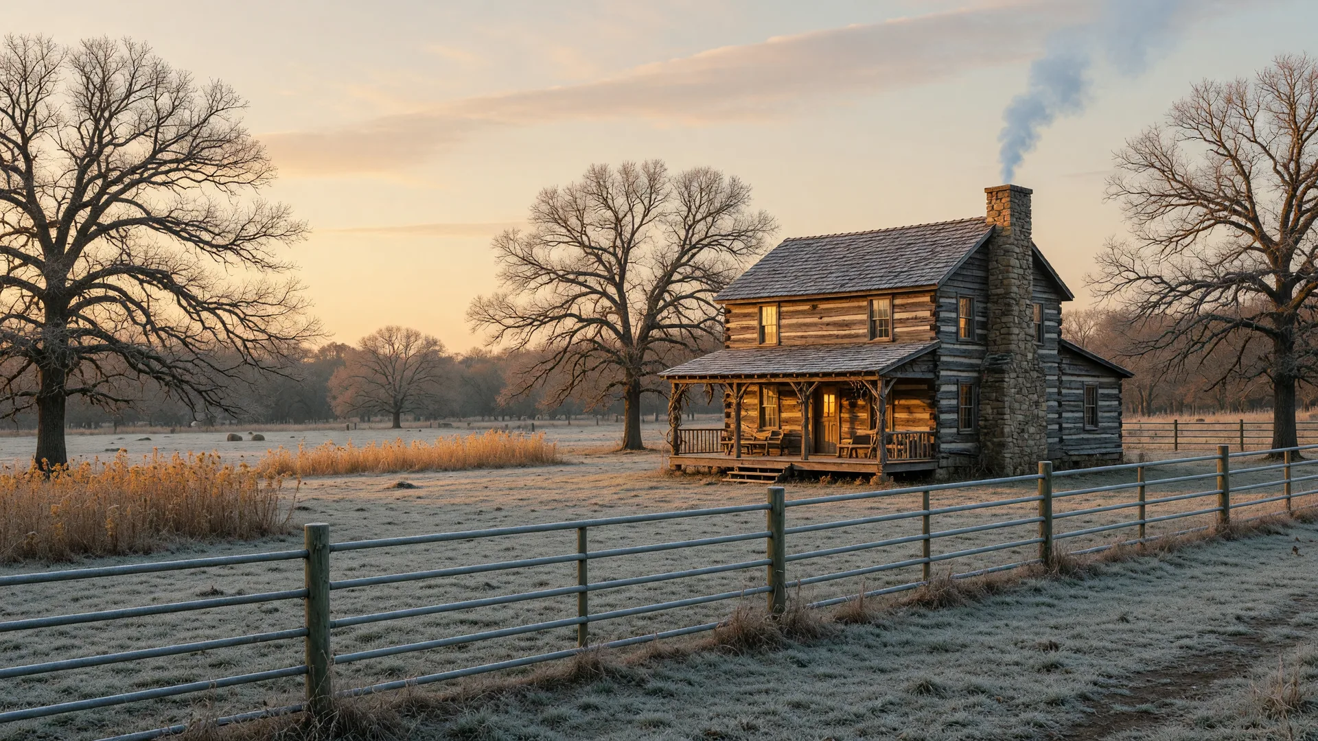 Early winter morning on a Northeast Texas log cabin acreage with chimney smoke rising into a pale golden sky, frost on the pasture, and pipe fencing in the foreground