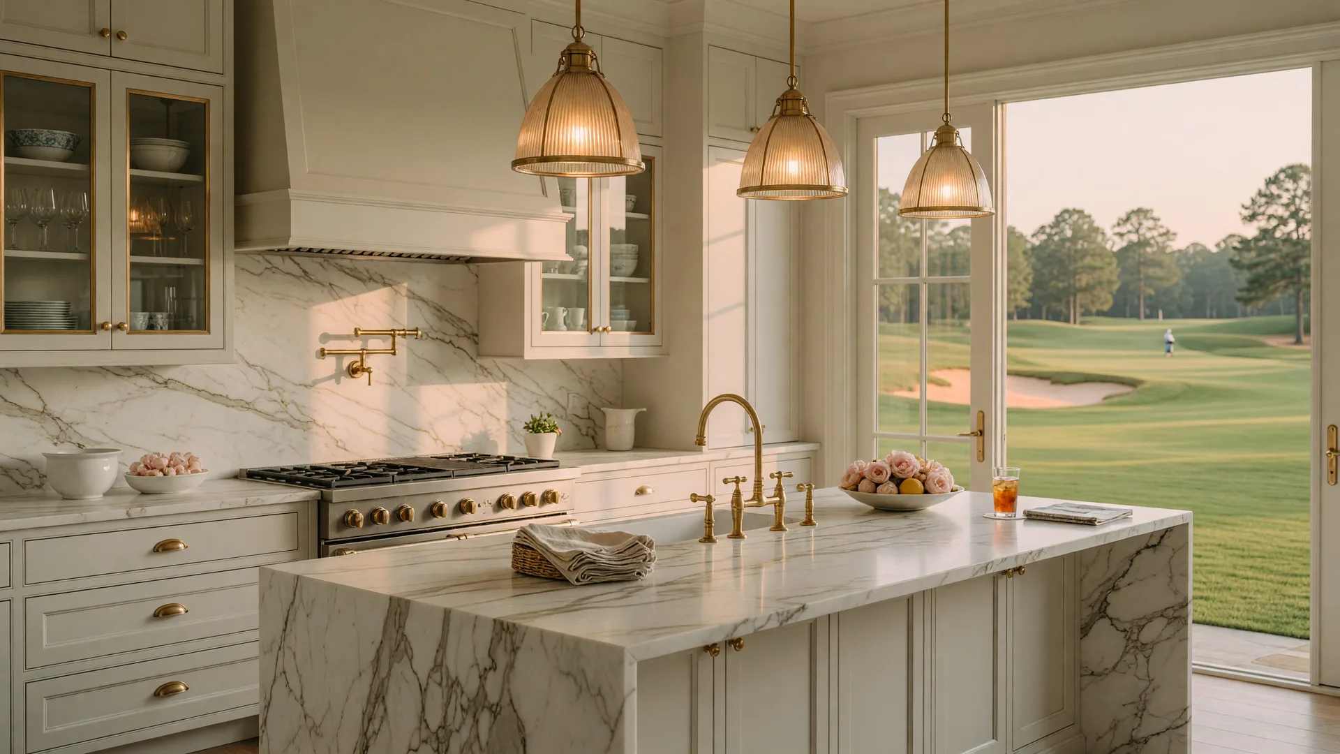 A bright renovated luxury kitchen with a white marble island and brass fixtures inside an upscale Georgia estate, with a fairway visible through the French doors