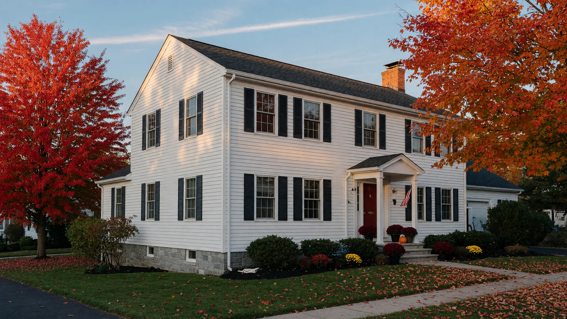 A well-maintained New Jersey colonial home in mid-October with clean gutters, trimmed foundation plantings, and autumn leaves on the lawn