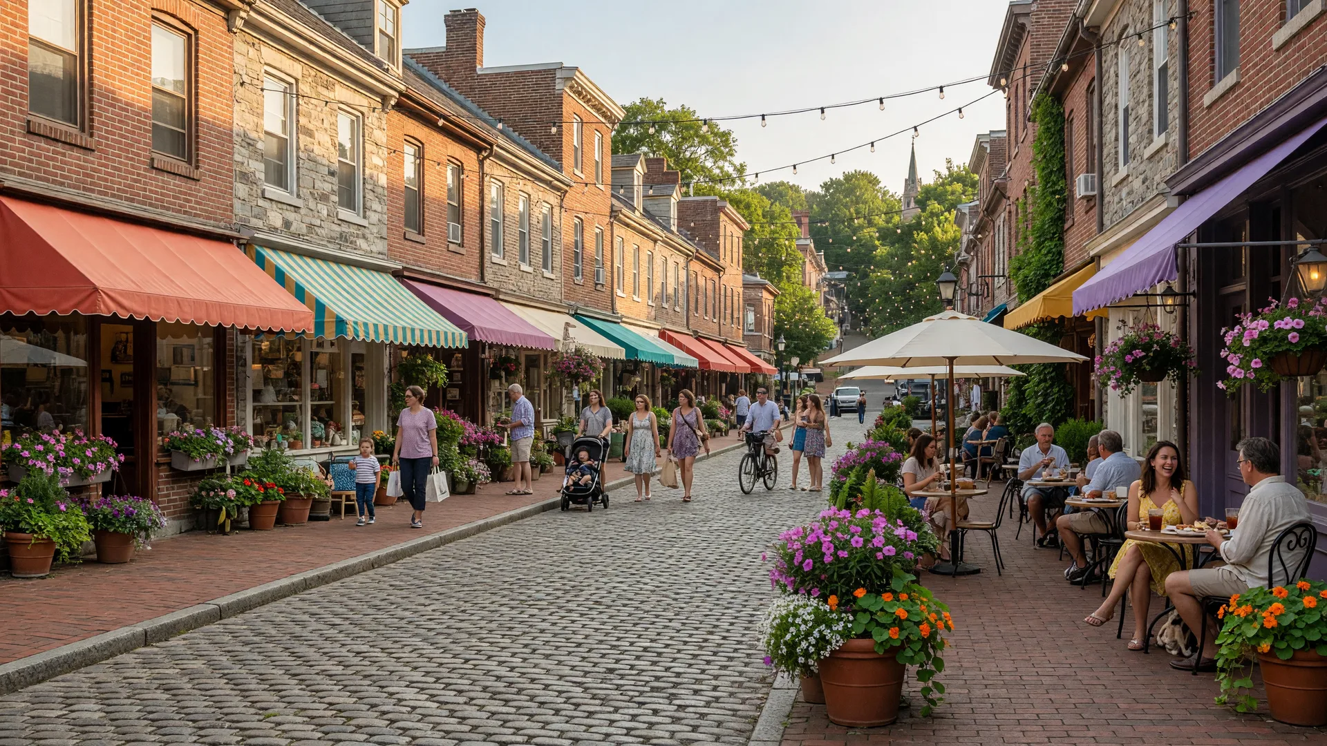 Lively Germantown Avenue in Chestnut Hill Philadelphia with shops and outdoor dining
